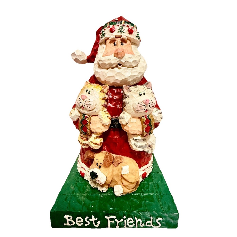 Santa's Pets With Dogs And Cat Carved Wood Look Home Interiors 1999 Vintage